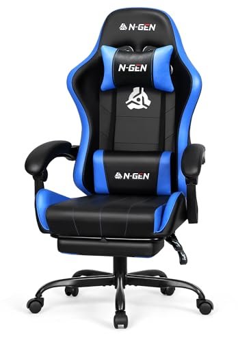 N-GEN GAMING Video Gaming Chair with Footrest High Back Ergonomic Comfortable Office Computer Desk with Lumbar Support Height Adjustable with PU Leather Recliner for Adults Women Men (Blue)