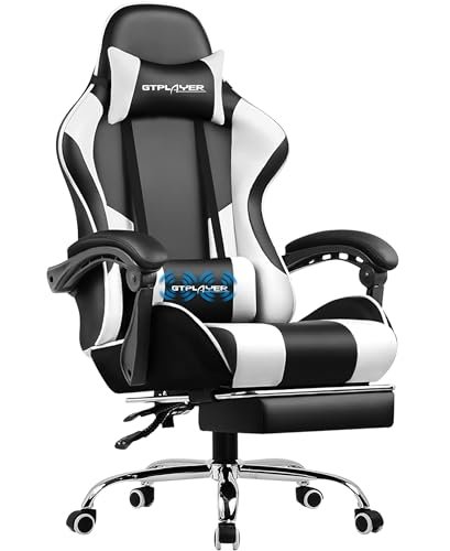 GTPLAYER Gaming Chair, Computer Chair with Footrest and Lumbar Support, Height Adjustable Game Chair with 360°-Swivel Seat and Headrest and for Office or Gaming (White)