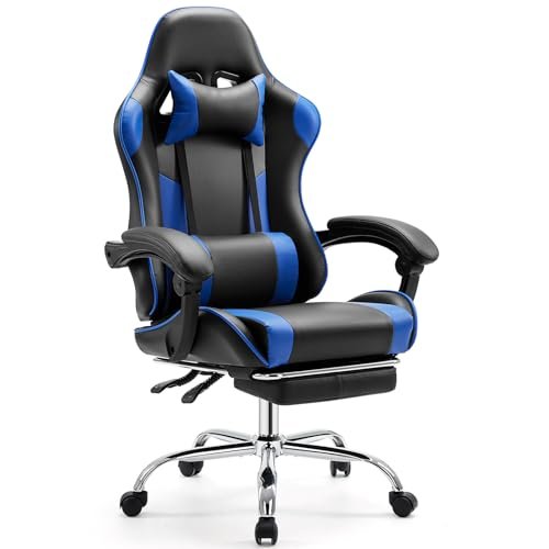 Sweetcrispy Video Game Desk Chair - Ergonomic Computer with Footrest and Comfy Lumbar Support, PU Leather Recliner with Headrest, Fixed Up Armrest, Height Adjustable with 360° Swivel, for Adults, Blue