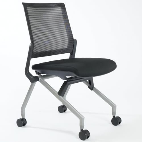 NBF Nextor Armless Office Chairs - Nesting Chairs with 4 Dual Casters - Ergonomic Mesh Chair with Silver Frame - Durable Black Fabric Folding Chairs - Waiting Room Chairs Portable Chairs