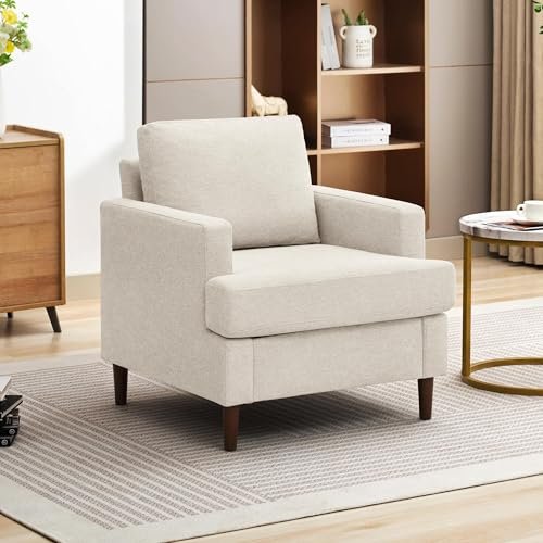 Weture Mid-Century Accent Chair,Modern Linen Fabric Armchair for Living Room,Comfy Upholstered Reading Accent Chairs for Bedroom,Single Sofa Chair with Wood Legs (Beige, 1 Pack)