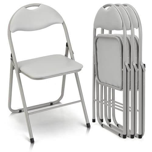 Folding Chairs 4 Pack, Outdoor & Indoor Event Portable Metal Folding Chairs with Cushion, Non-Slip Feet Pads Stackable Chairs, Grey