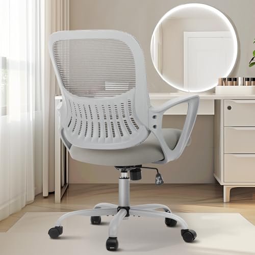 Sweetcrispy Office Computer Desk Managerial Executive Chair, Ergonomic Mid-Back Mesh Rolling Work Swivel Chairs with Wheels, Comfortable Lumbar Support, Comfy Arms for Home,Bedroom,Study,Student,Grey