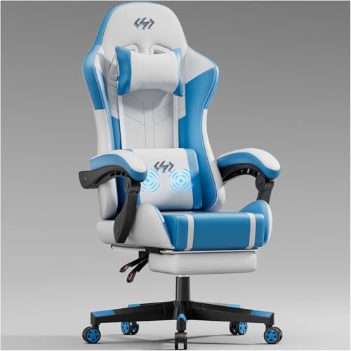 HLDIRECT Gaming Chair, Video Game Chair, Gamer Computer Chair, Ergonomic Gaming Chairs for Adults with Headrest and Lumbar Support, Swivel PU Leather Office Chair, Whtie & Blue