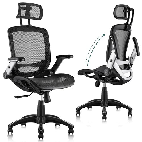 GABRYLLY Ergonomic Office Chair, High Back Home Desk Chair with Headrest, Flip-Up Arms, 90-120° Tilt Lock and Wide Cushion, Big and Tall Mesh Chairs for Man Woman, Black Task Chair