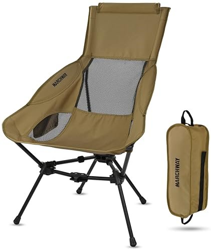 MARCHWAY Lightweight Folding High Back Camping Chair with Head Support, Stable Portable Compact for Outdoor Camp, Travel, Beach, Picnic, Festival, Hiking, Backpacking (Khaki)