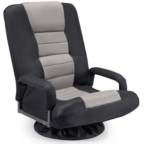 Buymoth Swivel Floor Gaming Chair w/Armrests,Folding Video Reclining Sofa w/6 Adjustable Position, Padded Backrest & Cushion, Lazy Lounger Couch for E-Sports, Reading, Relaxing, Watching TV, Grey