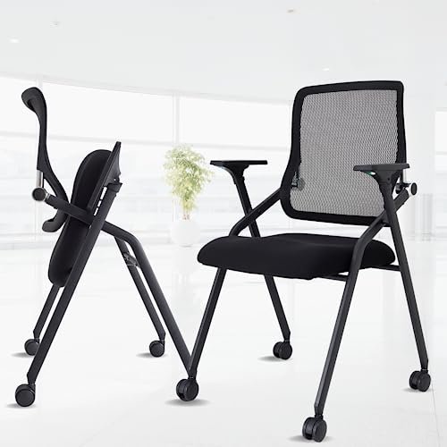 BROBRIYO 2 Pack Stackable & Foldable Conference Room Chairs with Lumbar Support, Armrest - Ergonomic Mesh Bouncing Back for Office Meeting, Conference, Reception and Training Room Chair