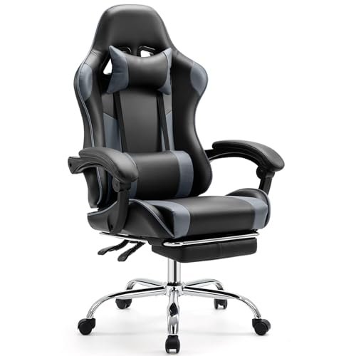 Sweetcrispy Video Game Desk Chair - Ergonomic Computer with Footrest and Comfy Lumbar Support, PU Leather Recliner with Headrest, Fixed Up Armrest, Height Adjustable with 360° Swivel, for Adults, Grey