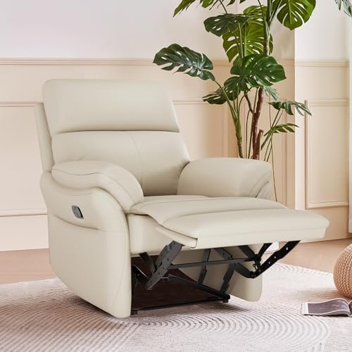 THE WE STORY Genuine Leather Recliner Chair for Adults,Top-Grain Leather, Ergonomic Living Room Chair with Lumbar Support, High Back Theater Seating Single Reclining Sofa,Multilayer Sponge,Beige