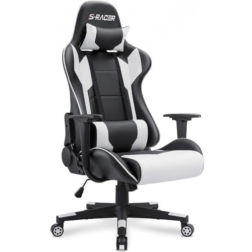 Homall Gaming Chair, Office Chair High Back Computer Chair Leather Desk Chair Racing Executive Ergonomic Adjustable Swivel Task Chair with Headrest and Lumbar Support (White)