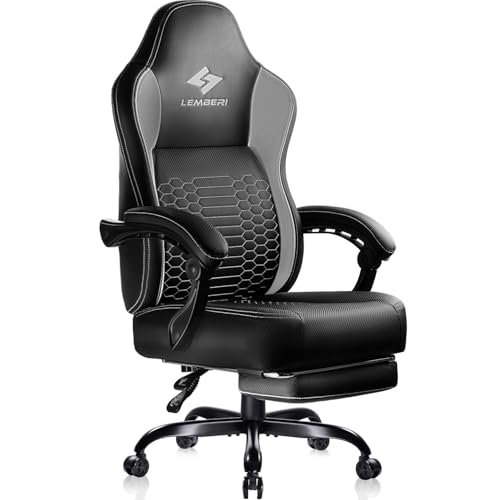 LEMBERI Big and Tall Gaming Chair 400lb Weight Capacity,Gamer Chairs for Adults,Video Game Chair wth Footrest,Racing Style Computer Gamer Chair with Headrest and Lumbar Support (Gray)