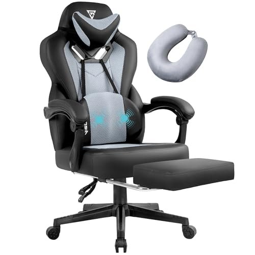 Vigosit Gaming Chair PRO, Ergonomic Gaming Chairs for Adults Heavy People, Massage Reclining Office Desk Computer Chair with Footrest and Lumbar Support, Big Tall Mesh Gamer Chair with Cushion (Grey)