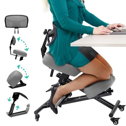 Kneeling Ergonomic Office Chair – Fully Adjustable Desk Chair, Back Pain & Neck Pain Relief. Extra Thick Cushions, Gas Lift, Metal Frame, Ankle & Back Support, Easy Assembly (Standard, Grey)