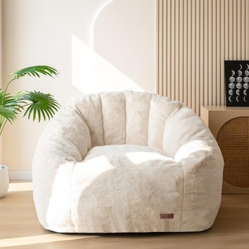 MAXYOYO Giant Bean Bag Chair, Oversized Bean Bag Couch for Adults and Kids, Faux Fur Shell-Shaped Large Bean Bag Chair with Filler, Stuffed Big Accent Sofa Chair Floor Sofa for Gaming, Reading, Beige