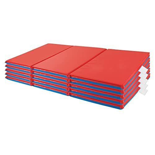 ECR4Kids Premium Folding Rest Mat, 3-Section, 1in, Classroom Furniture, Blue/Red, 5-Pack