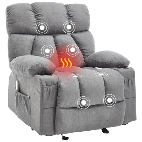 Massage Rocker Recliner Chair with Heat and Vibration Ergonomic Rocking Lounge Chair for Living Room Comfy Overstuffed Recliner with 4 Side Pockets,2 Cup Holders, USB Charge Port, Grey