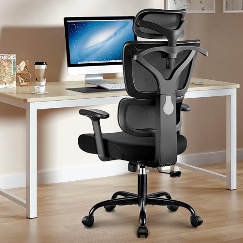 Winrise Office Chair Ergonomic Desk Chair, Mesh Home Office Chair High Back Swivel Computer Chair, Big and Tall Reclining Chair with Lumbar Support, Adjustable Armrest Headrest (Black)