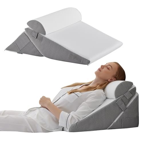 Bedluxe Wedge Pillow Headboard, Orthopedic Bed Wedge Pillow Set 3Pcs, Adjustable Pillow Wedge for Acid Reflux and Back Pain Relief, Folding Triangle Pillow for Sleeping with Knee Support, White/Grey