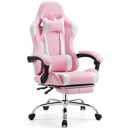 Sweetcrispy Video Game Desk Chair - Ergonomic Computer with Footrest and Comfy Lumbar Support, PU Leather Recliner with Headrest, Fixed Up Armrest, Height Adjustable with 360° Swivel, for Adults, Pink