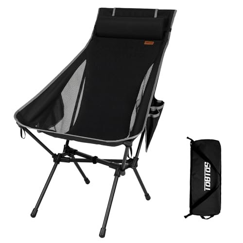 TOBTOS Portable High Back Camping Chair, Support Heavy Duty 440 lbs, Compact Folding Chair with Detachable Pillow for Camp, Hiking, Backpacking (Black)