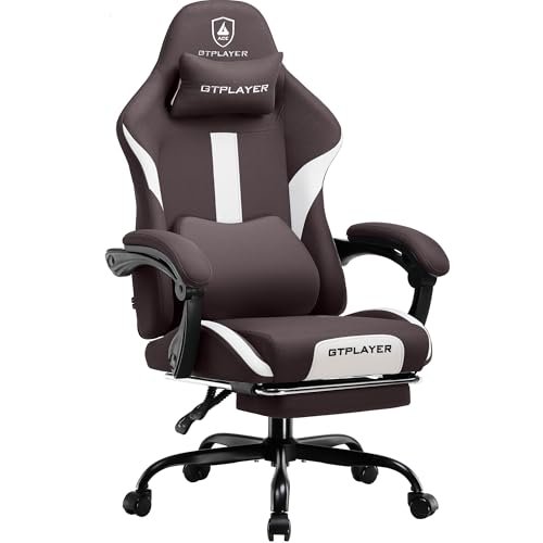 GTRACING Gaming Chair Ergonomic Office Chair with Foot Rest & Pocket Spring Cushion, High Back Computer Desk Chair with Headrest & Lumbar Support, Breathable Fabric Game Chair for Adults, Brown