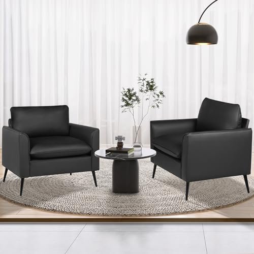 TYBOATLE Accent Chairs Set of 2, Black Leather Accent Chair, Comfy Living Room Chair, Cozy Reading Sitting Chair, Mid Century Modern Accent Chairs, Arm Reception Chairs, Office Furniture