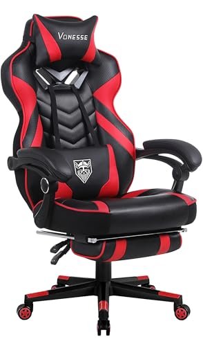 Vonesse Gaming Chair for Adults,Computer Chair with High Back,Big and Tall Gaming Chairs with Footrest and Massage,Reclining Gamer Chair(Red/Black)