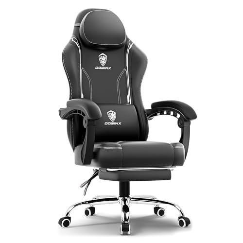 Dowinx Gaming Chair with Pocket Spring Cushion, Ergonomic Game Chair with Massage Lumbar Support and Footrest for Adults, High Back Leather Computer Chair for Office Gaming 300LBS, Black,in