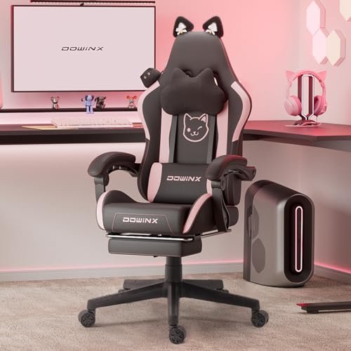 Dowinx Gaming Chair Cute with Cat Ears and Massage Lumbar Support, Ergonomic Computer Chair for Girl with Footrest and Headrest, Comfortable Reclining Game Chair 290lbs for Adult, Teen, Black