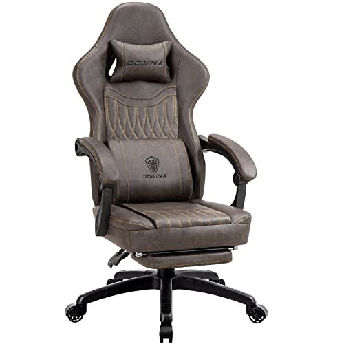 Dowinx Gaming Chair Breathable PU Leather Gamer Chair with Pocket Spring Cushion, Ergonomic Computer Chair with Massage Lumbar Support,Adjustable Swivel Task Chair with Footrest(Brown)