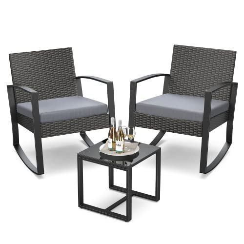 Qsun 3 Pieces Patio Furniture Set Rocking Bistro Set Outdoor Rattan Conversation with Coffee Table for Garden Balcony Backyard Poolside (Grey Cushion)