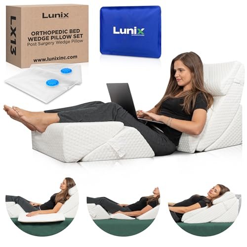 Lunix 6pcs Orthopedic Bed Wedge Pillow Set, Post Surgery Memory Foam for Back, Neck and Leg Pain Relief, Sitting Pillow, Adjustable Pillows Acid Reflux and GERD for Sleeping, Hot Cold Pack, White