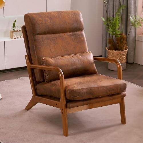 Karl home Accent Chair Mid-Century Modern Chair with Pillow Upholstered Lounge Arm Chair with Solid Wood Frame & Soft Cushion for Living Room, Bedroom, Balcony, Bronzing Cloth Brown (High Back)