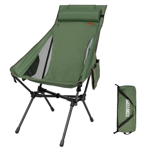 TOBTOS Portable High Back Camping Chair, Support Heavy Duty 440 lbs, Compact Folding Chair with Detachable Pillow for Camp, Hiking, Backpacking (Green)