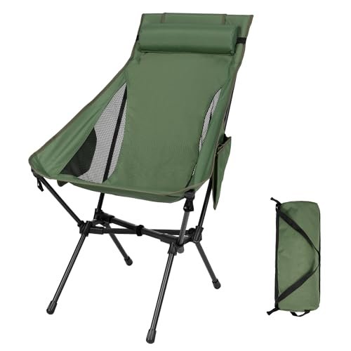 diwaite Portable High Back Camping Chair, Support Heavy Duty 440 lbs, Compact Folding Backpacking Chair with Detachable Pillow for Camp, Hiking, Backpacking(Green)