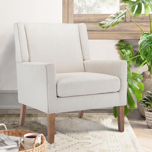 COLAMY Modern Wingback Living Room Chair, Upholstered Fabric Accent Armchair, Single Sofa Chair with Lounge Seat and Wood Legs for Office/Bedroom/Reading Spaces, Beige