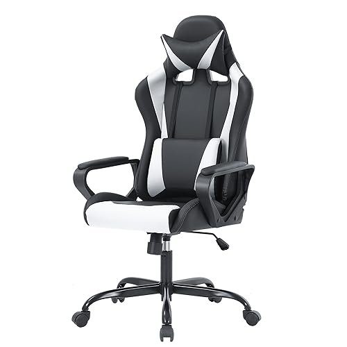 PayLessHere Ergonomic Racing Desk Chair Gaming Chair Computer Chair with Armrests 360° Swivel & Caster Pu Desk Task Chair Executive Headrest Lumbar Support for Back Pain Women Men and Adults (White)