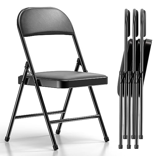 Nazhura 4 Pack Folding Chairs with Padded Vinyl Cushion Chairs with Comfortable Cushion and Durable Steel Frame for Home and Office, for Indoor and Outdoor Events (Black Vinyl Seating 4 Pack)