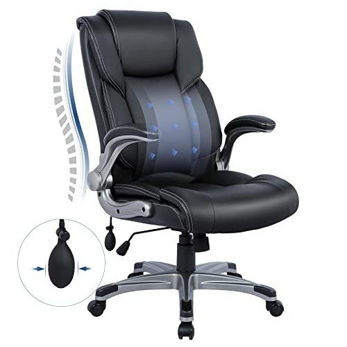 COLAMY High Back Executive Office Chair- Ergonomic Home Computer Desk Leather Chair with Padded Flip-up Arms, Adjustable Tilt Lock, Swivel Rolling Chair for Adult Working Study-Black