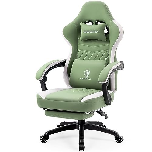 Dowinx Gaming Chair Breathable Fabric Computer Chair with Pocket Spring Cushion, Comfortable Office Chair with Gel Pad and Storage Bag,Massage Game Chair with Footrest,Green