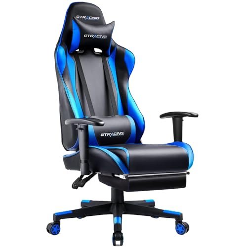 GTRACING Gaming Chair with Footrest, Ergonomic Computer Game Desk Chair, Reclining Gamer Chair Seat Height Adjustment, Swivel Rocker with Headrest and Lumbar (Navy Blue)