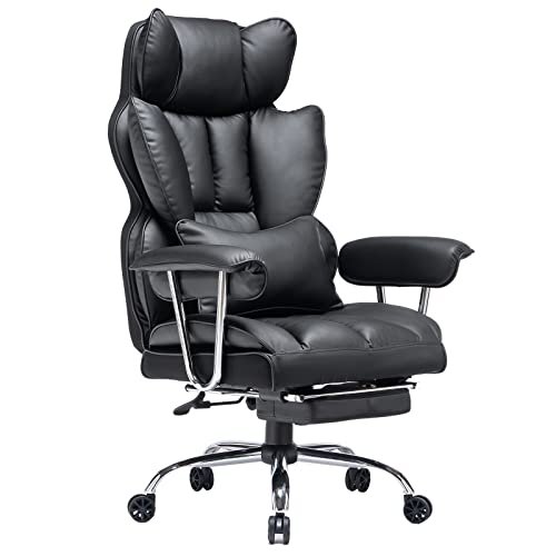 Efomao Desk Office Chair 400LBS, Big and Tall Office Chair, PU Leather Computer Chair, Executive Office Chair with Leg Rest and Lumbar Support, Black Office Chair