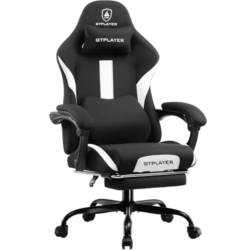 GTRACING Gaming Chair Ergonomic Office Chair with Foot Rest & Pocket Spring Cushion, High Back Computer Desk Chair with Headrest & Lumbar Support, Breathable Fabric Game Chair for Adults, Black