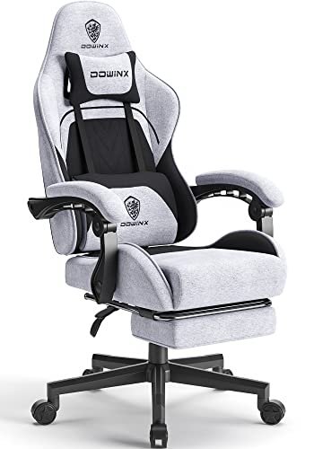 Dowinx Gaming Chair Fabric with Pocket Spring Cushion, Massage Game Chair Cloth with Headrest, Ergonomic Computer Chair with Footrest 290LBS, Black and Grey