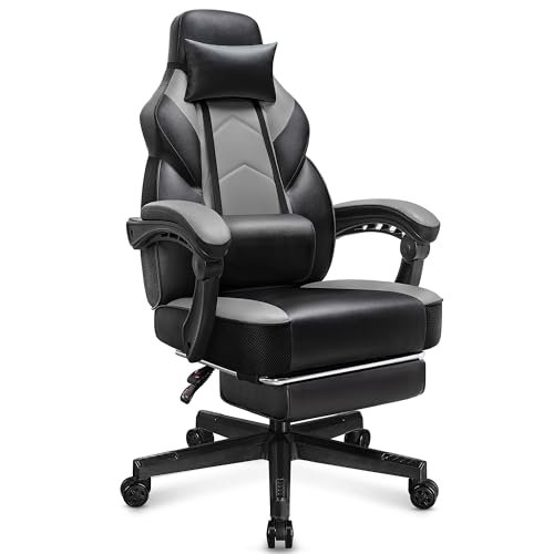 Meilocar Gaming Chair for Adult, Computer Chair with Footrest Video Game Chair 400lb Weight Capacity Big and Tall Gaming Chair with Massage Lumbar Support, 360° Swivel Seat and Height Adjustable(Grey)