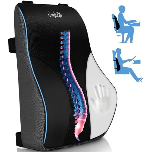 ComfiLife Lumbar Support Pillow for Office Chair – Premium Memory Foam Lumbar Pillow – Back Support for Office Chair, Car – Back Pain Relief, Improves Posture – 3 Adjustable Straps, Mesh + Leatherette