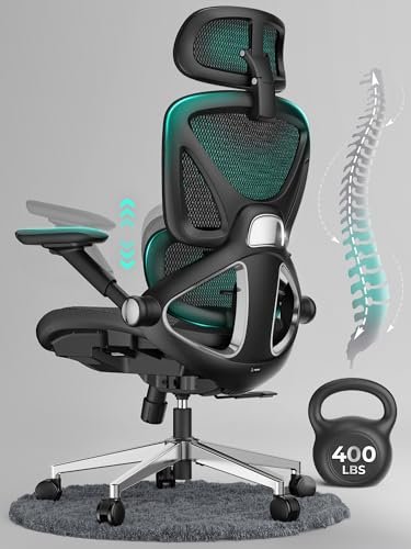 CAPOT Ergonomic Mesh Office Chair, Adjustable Lumbar High Back Desk Chair 400lbs, 4D Flip-up Arms, 3-Level Tilt Backrest, 3D Headrest, PU Wheels, Swivel Rolling Computer Chair for Long Desk Work