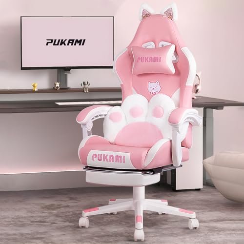 PUKAMI Pink Gaming Chair Cute with Cat Ears and Cat Paw Lumbar Cushion, Ergonomic Computer Chair for Girl with Footrest and Headrest, Comfortable Reclining PC Game Chair for Adult, Teen, Pink