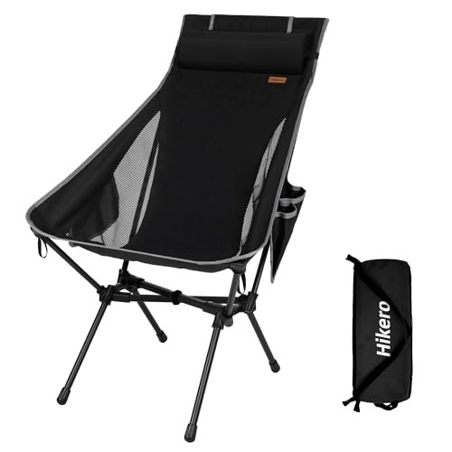 Hikero Portable High Back Camping Chair, Support Heavy Duty 440 lbs, Lightweight Folding Chair with Adjustable Pillow for Hiking, Beach, Backpacking (Black)